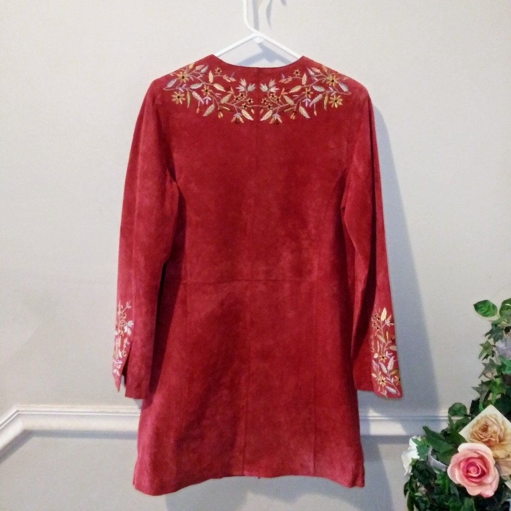 Avanti Boho/Southwestern Brick Red, Floral Embroidered Genuine Suede Coat - Picture 10 of 16